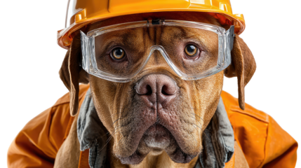 Canine Construction Supervisor: A strong pitbull stands ready for a day of work, donning protective goggles and a hardhat. This image is a humorous take on industrial professionalism.