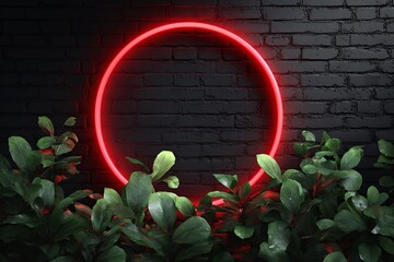 Red Neon Circle with Green Foliage on Brick Wall