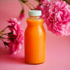 Bright Orange Juice Bottle with Pink Flowers on Pink Background