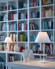 White Table Lamp and Bookcase in Study