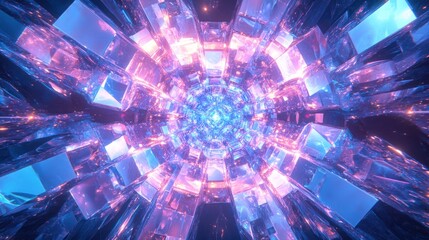 Abstract tunnel of light and crystalline structures, radiating a vibrant futuristic glow