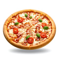 Round pizza with bacon, tomatoes, and basil