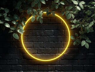 Yellow Neon Circle on Dark Brick Wall with Greenery