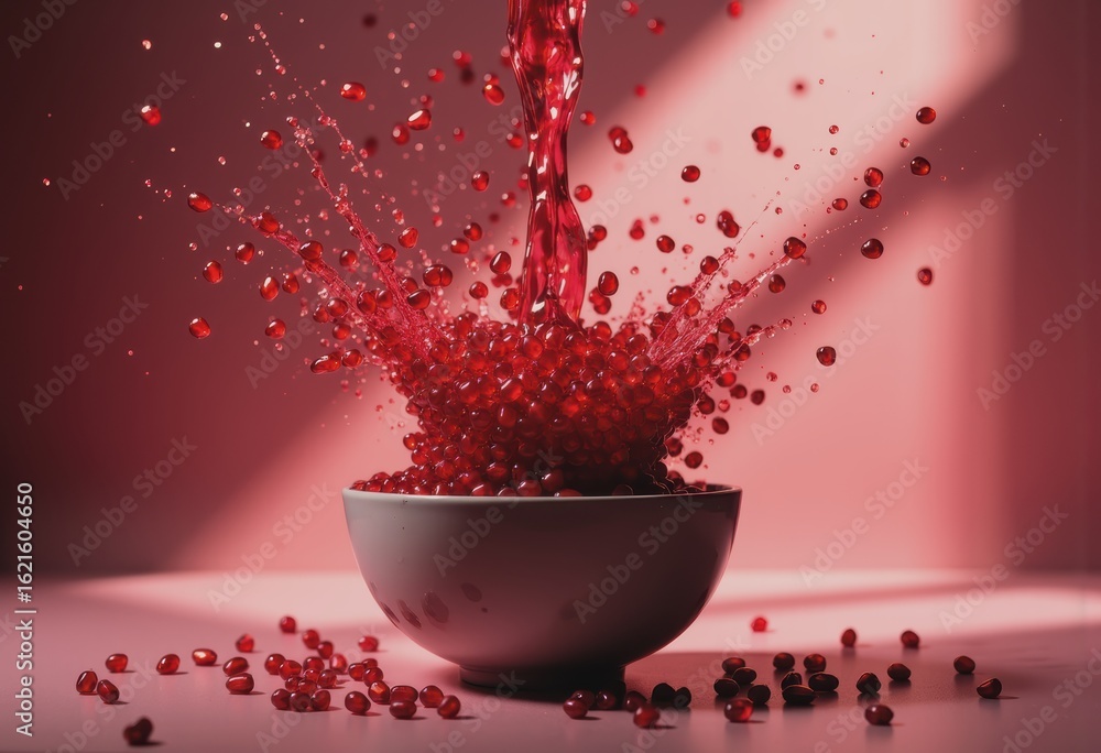 Poster pomegranate seeds exploding with ruby red juice spray and arils scattering