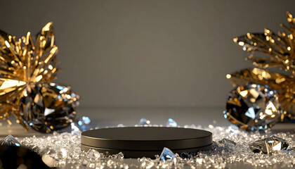 A sleek black pedestal is surrounded by glittering diamonds and golden accents, creating a luxurious and eye-catching product display.