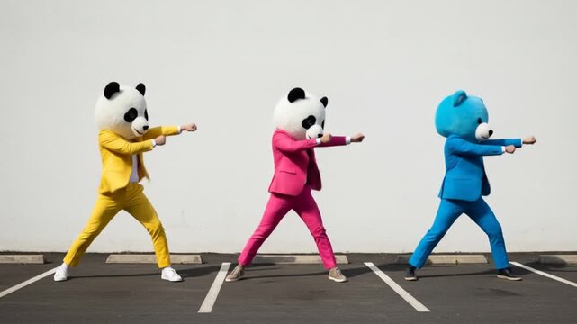 Three People in Colorful Animal Masks and Bright Suits Dancing Playfully in Empty Parking Lot
