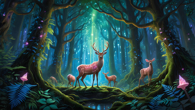 Leuchtende Hirsche im verzauberten Zauberwald bei Nacht - Frame TV Wallpaper - Magisches Hintergrundbild