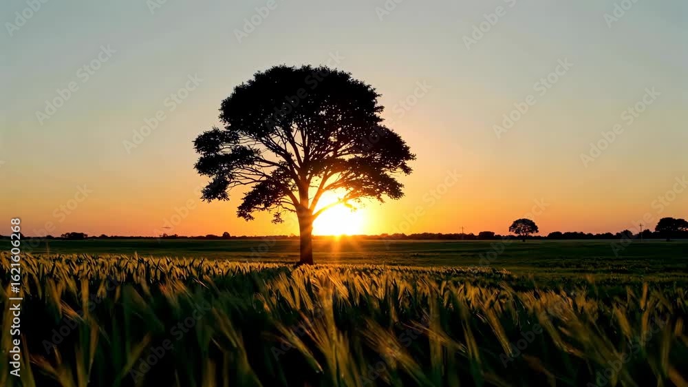 Wall mural arafed tree in a field with the sun setting behind it