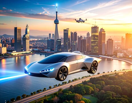 Futuristic flying car over a modern cityscape at sunset - Powered by Adobe