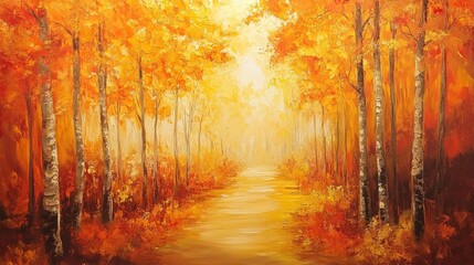 Fototapeta premium Autumnal forest path, vibrant colors, impressionistic style, sunlight filtering through trees