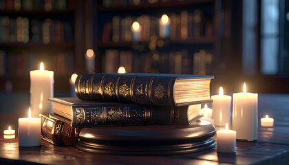A cozy scene featuring old books illuminated by candlelight in a library, creating a warm and inviting atmosphere.