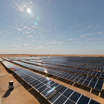 Drone Glide Over Hexagonal Solar Panel Grid in NEOM Desert at Midday with Cleaning Robots and Reflections