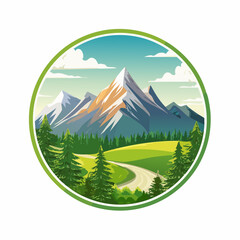Obraz premium Majestic Mountain Scenery Encapsulated in a Green Circle Frame Illustrating Natural Beauty