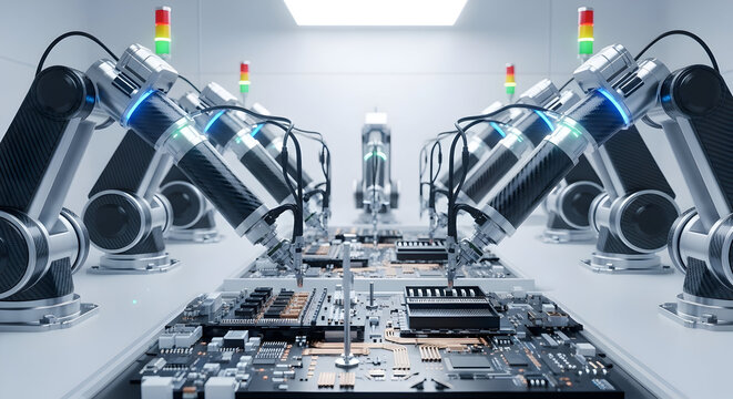 Automated Assembly Line Robotic Arms Precision Manufacturing Circuit Boards Industry 4.0 Production Automation Technology Advanced Futuristic Innovation