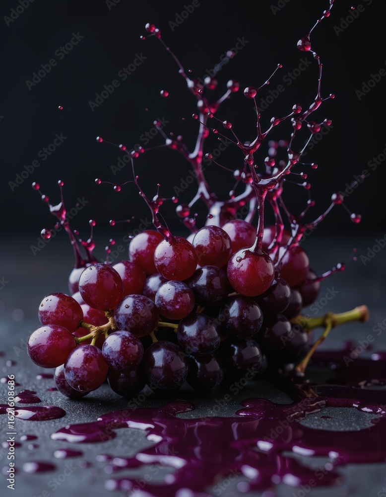 Poster grapes bursting with purple juice spray and breaking stems create a dynamic scene