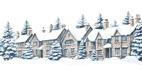 PNG Winter stone mansion buildings trees snow architecture.