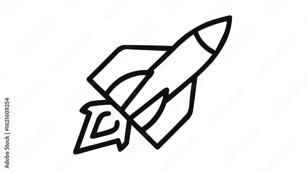 Poster simple line drawing of a rocket ship with flames launching upwards on a white background in vector f