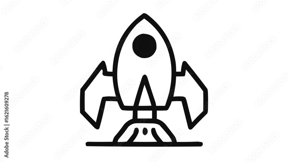 Poster a simple line drawing of a rocket ship with wings ready for blastoff on a white background view