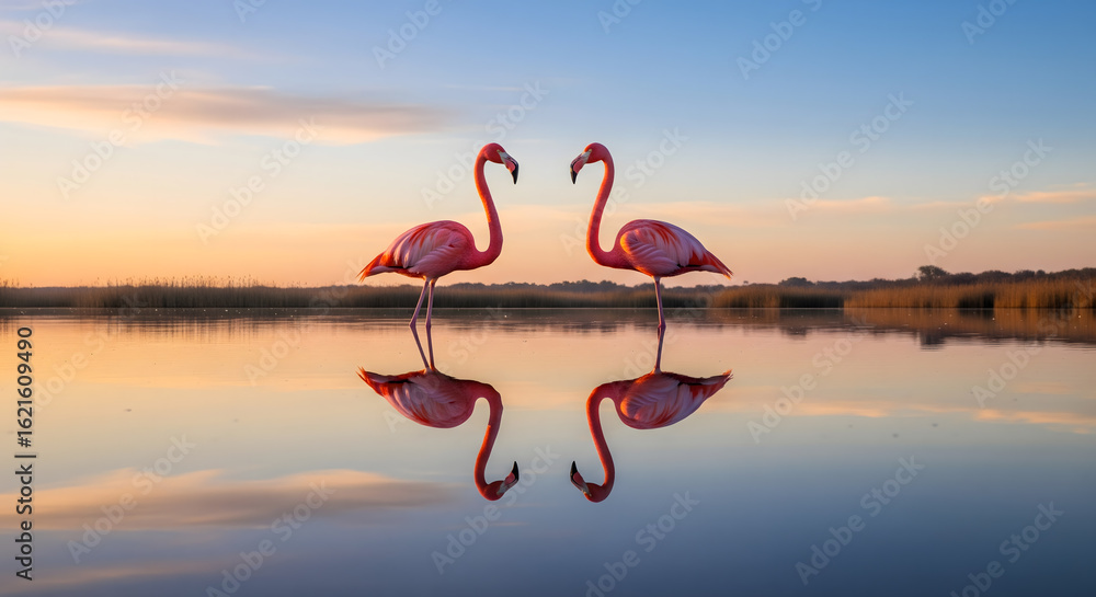 Poster two pink flamingos face each other, their reflections creating a symmetrical pattern in the calm wat