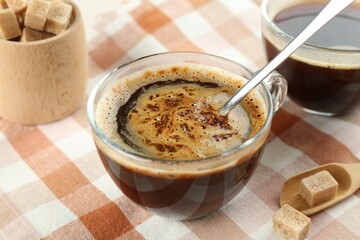 Making aromatic instant coffee at table, closeup