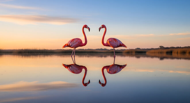 Two pink flamingos face each other, their reflections creating a symmetrical pattern in the calm water of a lake at a peaceful sunset - Powered by Adobe