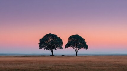 Pair of trees in a flat landscape at sunset with soft pink sky. 