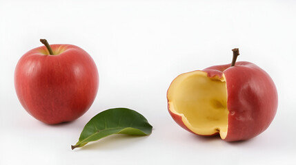 Fresh Red Apple Compared To Rotten Decayed Apple Fruit Against White Background