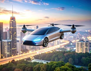 Futuristic flying car over city skyline at dawn