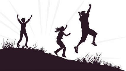 Group of Friends Celebrating and Jumping on a Hillside During Sunset