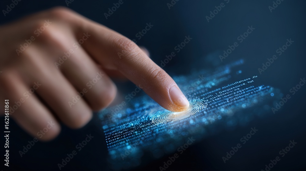 Poster touch technology: a close-up of a hand interacting with an illuminated digital interface, highlighti