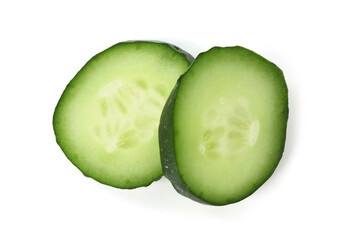 Slices of fresh cucumber isolated on white, top view