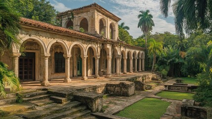 Obraz premium Abandoned Tropical Mansion: A Glimpse into History's Embrace