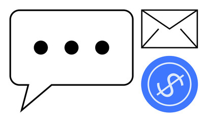 Chat bubble with ellipsis, envelope, and dollar icon, highlighting interaction, digital exchange, and finance. Ideal for messaging, payment, business online services marketing modern