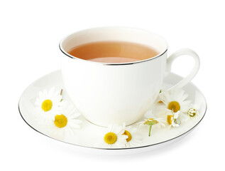 Aromatic tea in cup and chamomile flowers isolated on white
