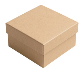 A closed square brown cardboard gift box with a lid. Blank Kraft paper packaging container. Isolated on Transparent and White Background