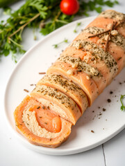 Delicious salmon terrine with herbs and spices on a white background culinary delight
