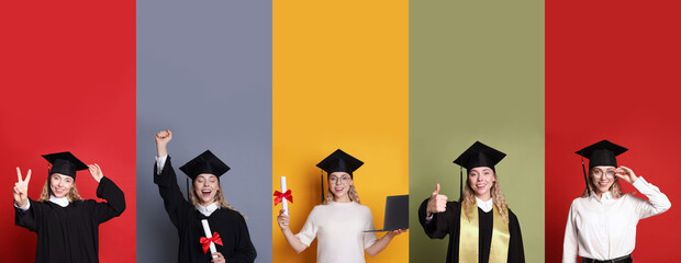 Happy student in graduation gowns and mortarboard, collage of portraits on different colors...