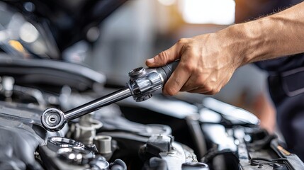Fototapeta premium Mechanic Using Torque Wrench on Car Engine