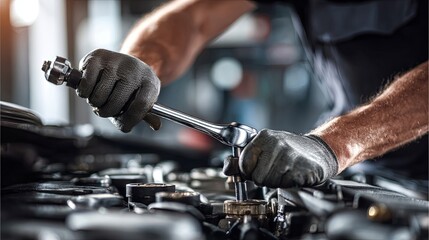 Mechanic Using Torque Wrench on Car Engine