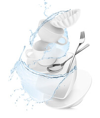 Clean dishes and water splash in air against white background