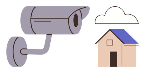 CCTV camera facing a small house with a blue roof and cloud above. Ideal for security, surveillance, safety, home protection, privacy, technology, and remote monitoring. Simple flat metaphor