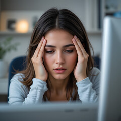 Overworked woman rubbing eyes due to dryness fatigue feeling headache having eyesight problems after computer work. Prolonged screen time digital eye strain sensitivity to light digital addiction.