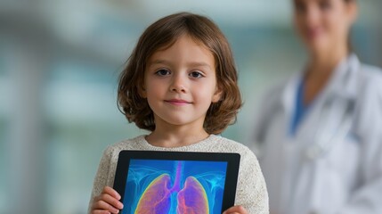 Health Discovery: A young girl confidently holds a tablet displaying a detailed medical scan, highlighting her health awareness, with a supportive healthcare professional in the blurred background.
