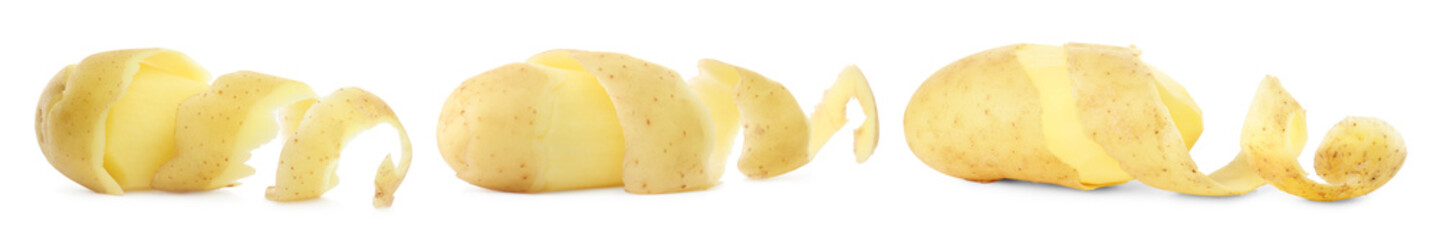 Fresh potatoes with peels isolated on white, set