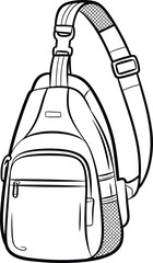 Sling Backpack Line Drawing Illustration, Single Strap Design, Adjustable Buckle Detail, Zippered Compartments, Mesh Pocket, Fashionable Outdoor Gear Sketch