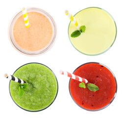 Superfood. Set of different smoothies in glasses isolated on white, top view