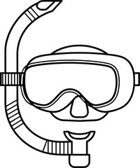 Snorkel Mask and Tube Line Drawing Illustration, Single Lens Design, Curved Tube with Splash Guard, Flexible Joints, Underwater Breathing Gear Sketch