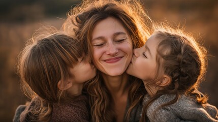 Fototapeta premium A beautiful woman, presumably a mother, smiling brightly as two young children joyfully kiss her on the cheeks, symbolizes pure love, family connection, happiness, and the cherished bond.