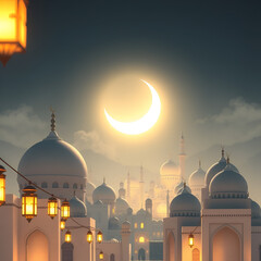Create a mystical Islamic village gently lit by traditional lanterns. A large, bright crescent shines above, casting a serene light over the white domed houses and spired houses.