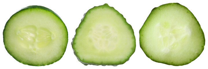 Fresh cucumber. Three slices isolated on white, set